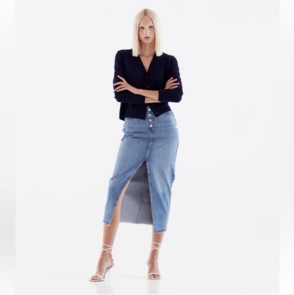 NWT Zara Extra Small Blue Denim Midi Skirt Split Front Unfinished Hem Womens